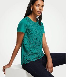 Ann Taylor Floral Lace Tee Teal Green Size S
